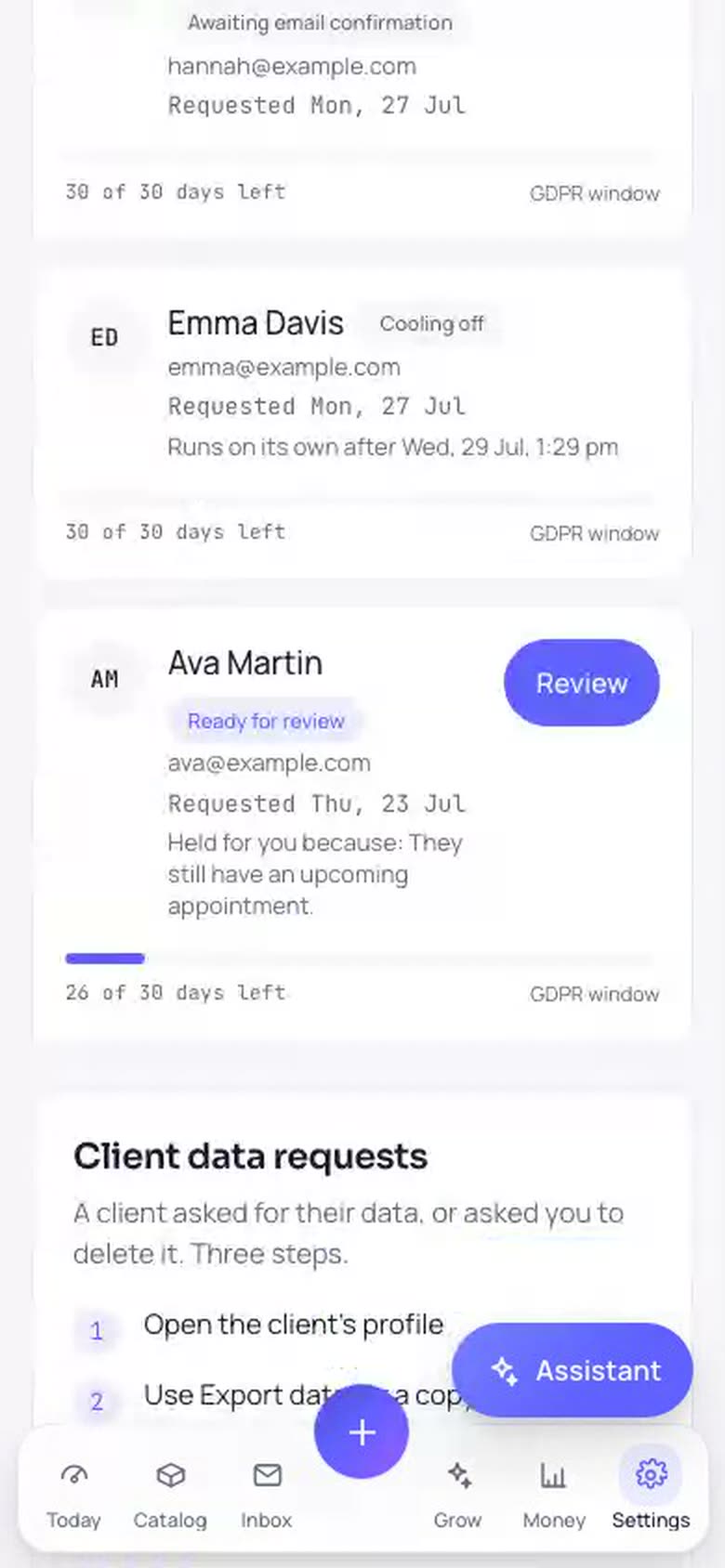 The Privacy and security screen in the Bookatu dashboard on a phone, home of the deletion request queue and the organization export