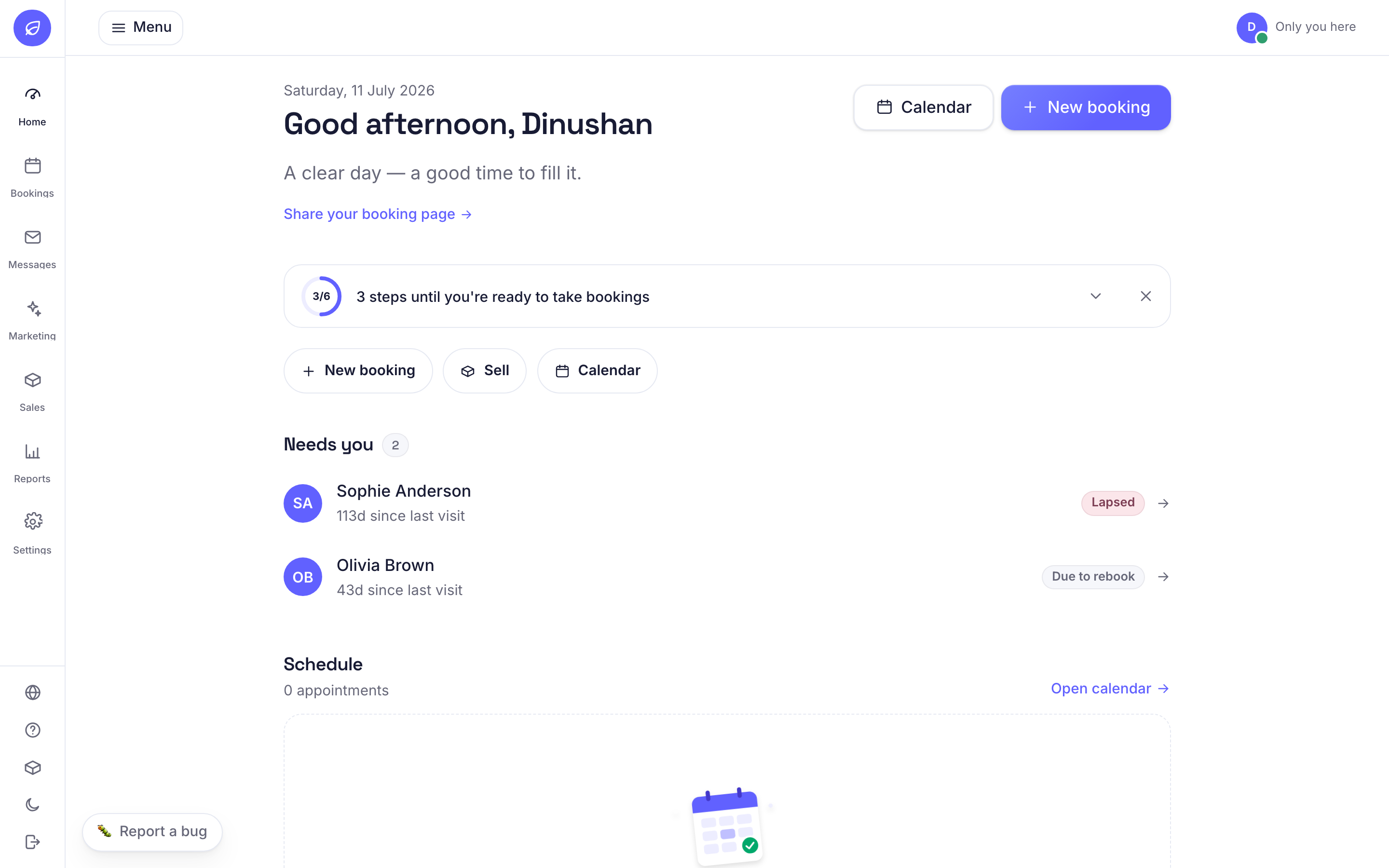 A booking dashboard photographed in light theme