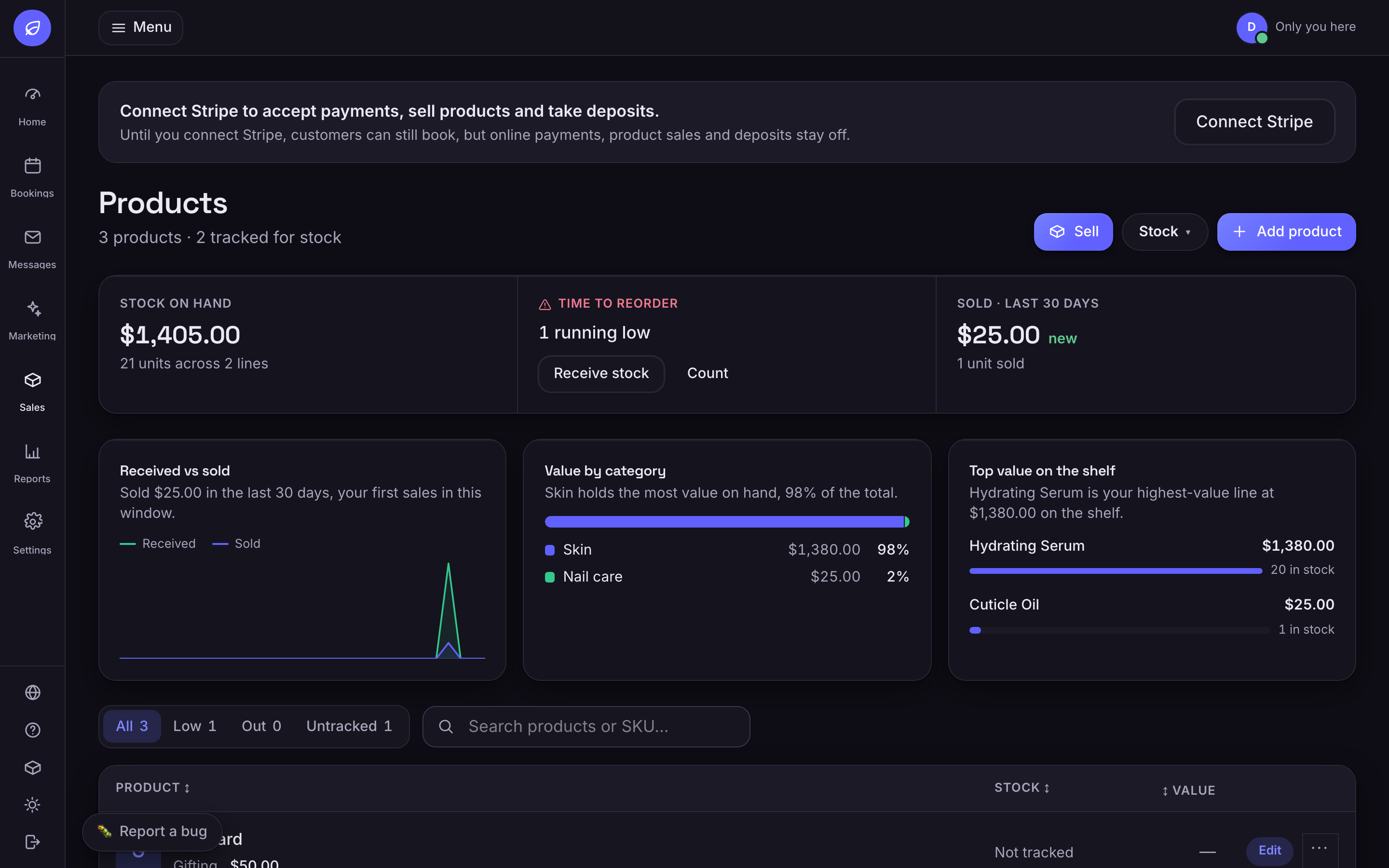 The same inventory dashboard rendered in dark theme