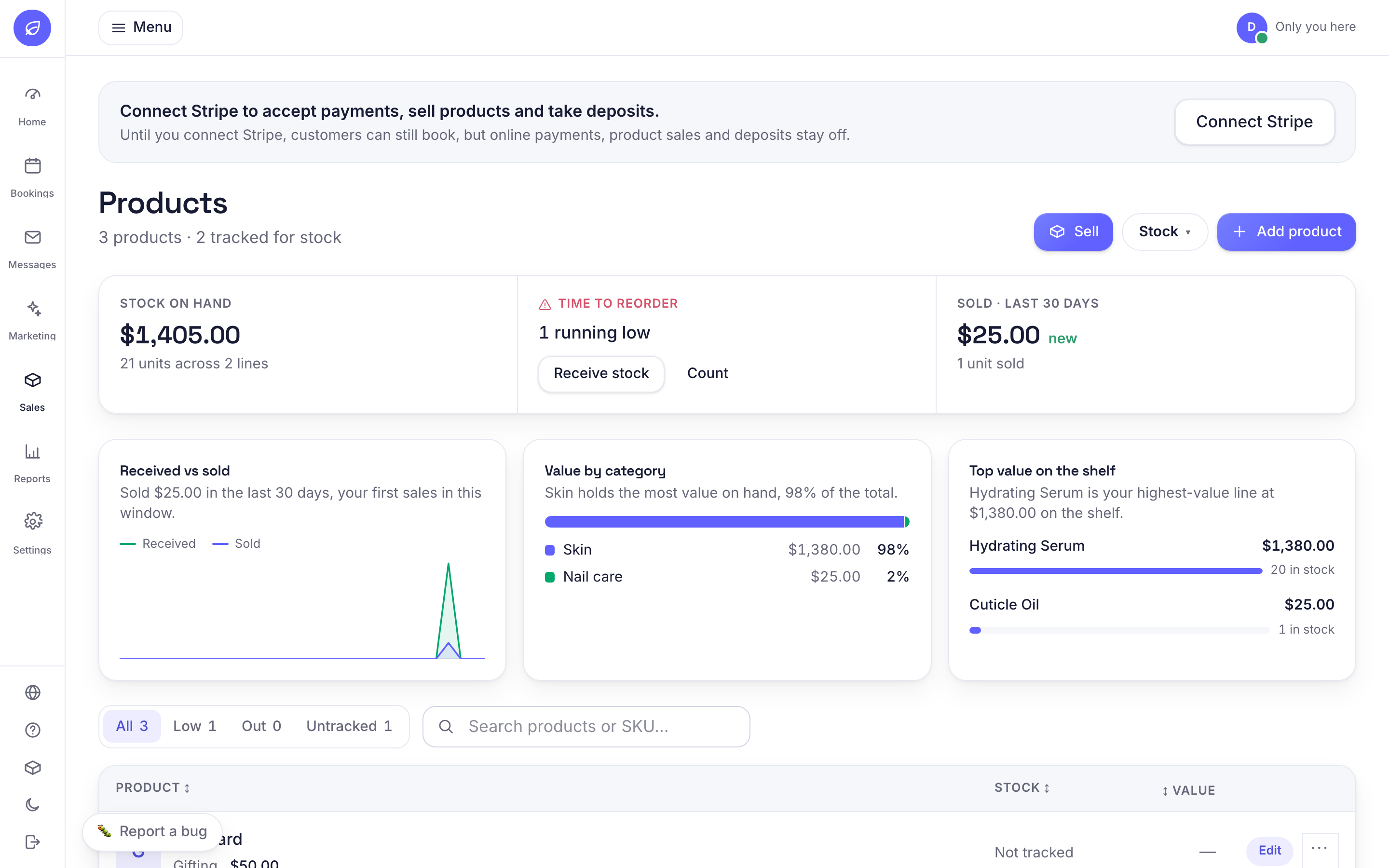 An inventory dashboard with a trend chart, category breakdown and ranked list in light theme