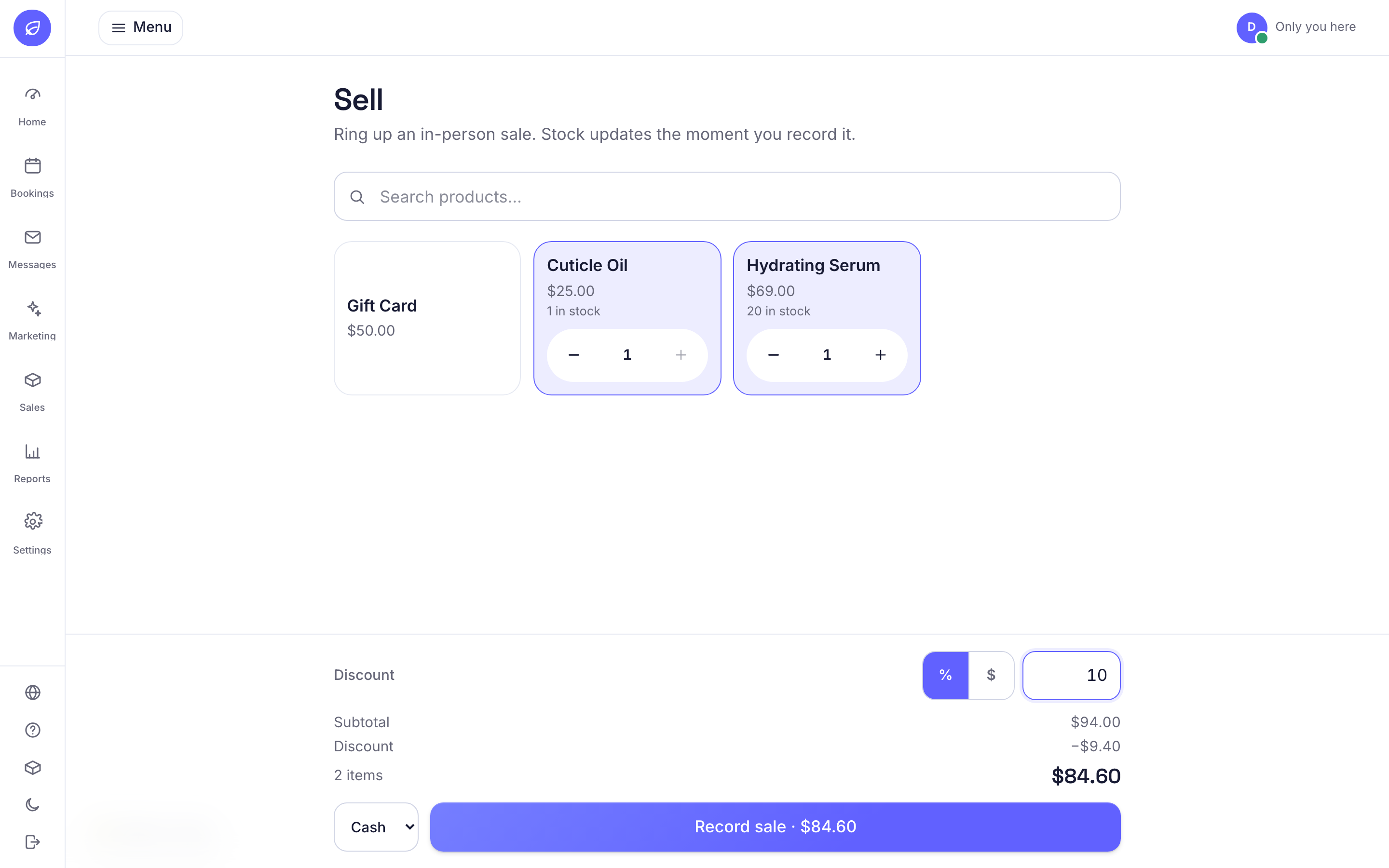 A point-of-sale screen showing a subtotal, a ten percent discount, and the exact discounted total