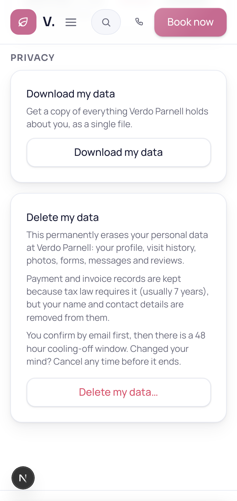 The Privacy section of the client booking portal, with Download my data and Delete my data cards