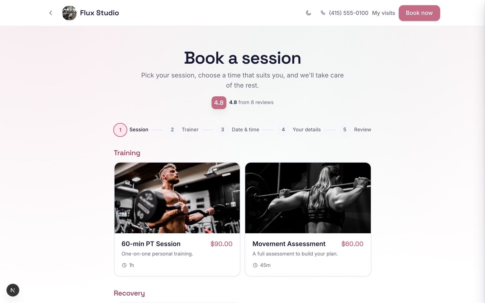 The booking flow with steps for session, trainer, date and time, details and review