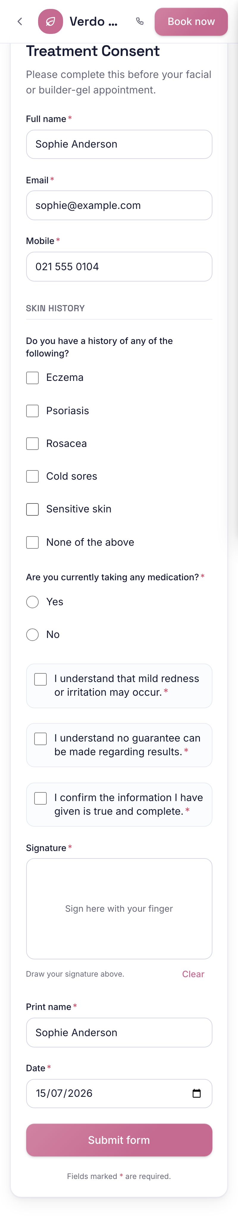 A consent form on a client's phone with a skin history and a signature box