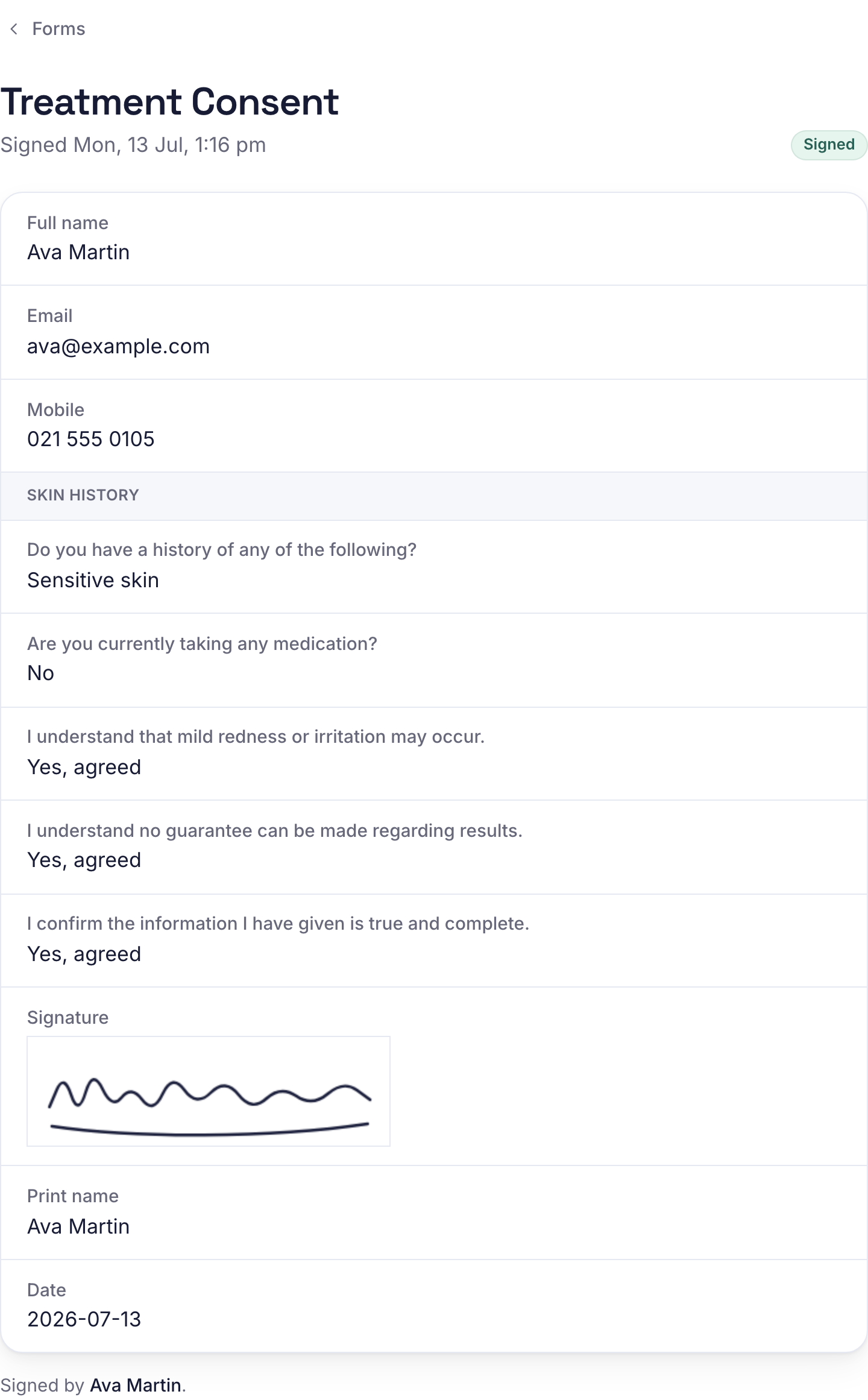 A signed consent form in the dashboard with answers and a drawn signature