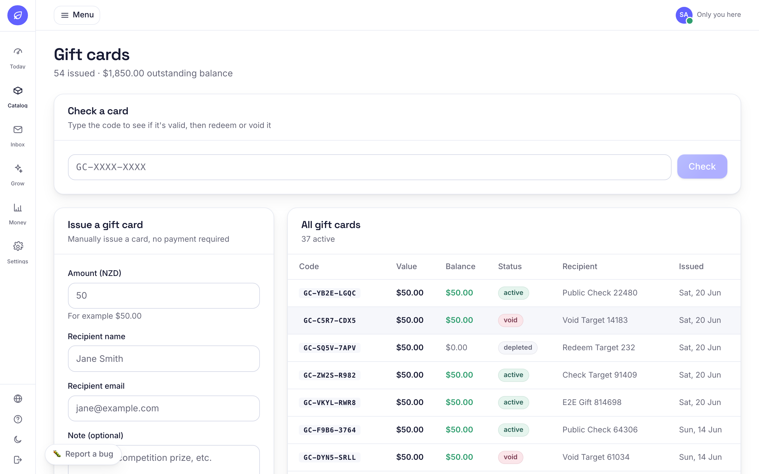 The Gift cards page: total issued and outstanding balance, a check-a-card box, an issue-a-card form, and a table of every card with its balance and status