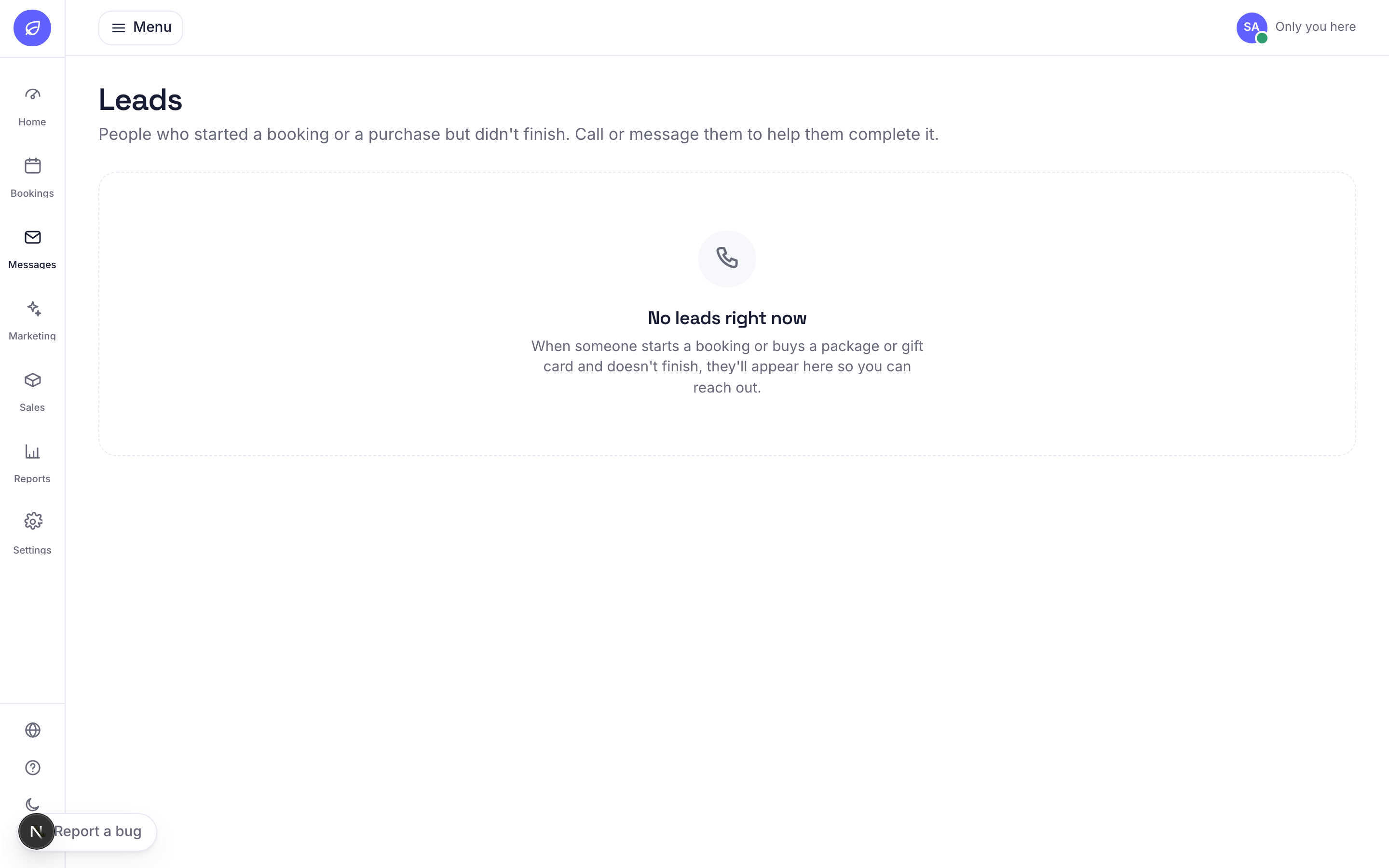 The Leads board listing people who started a booking but did not finish, each with one-tap call and email buttons