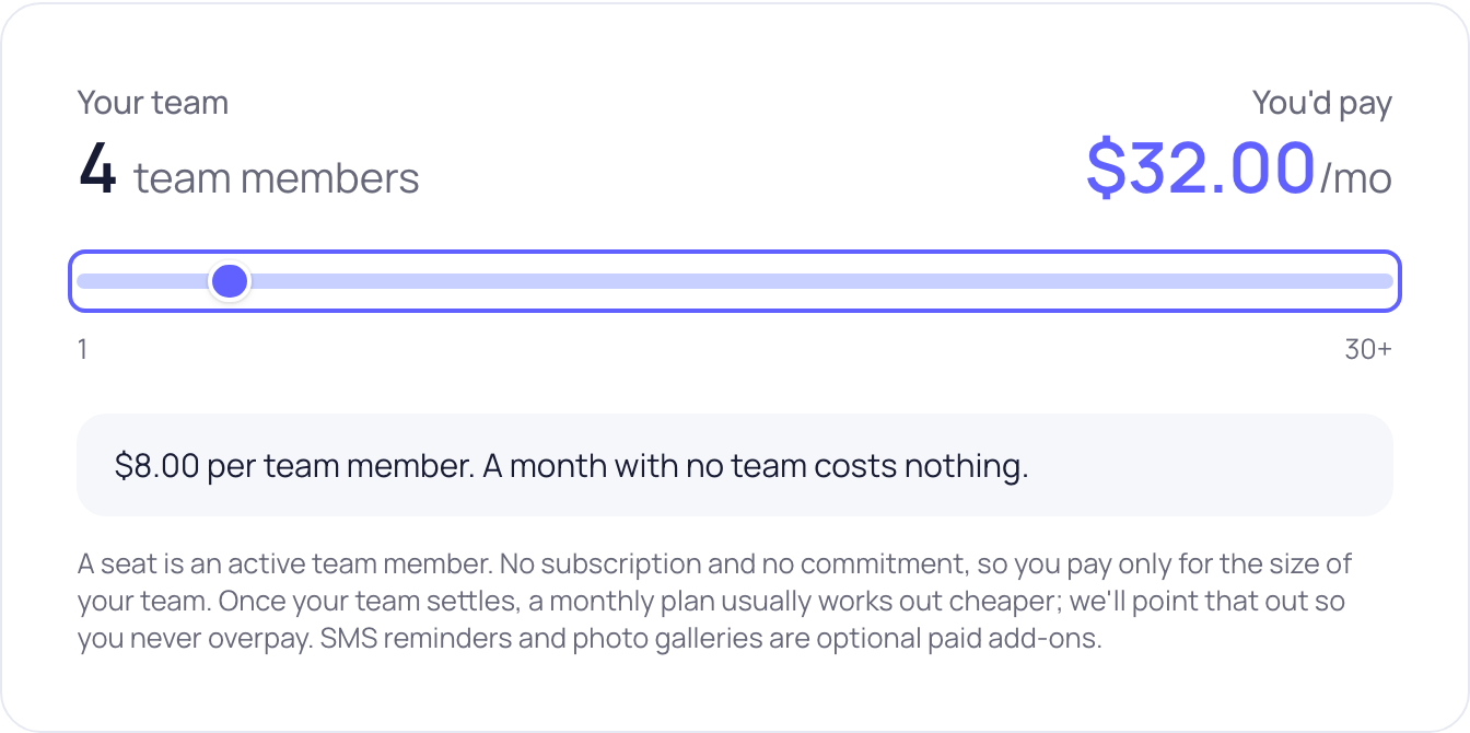 The pay-as-you-go estimator on the pricing page, showing what pay-as-you-go costs for a given team size
