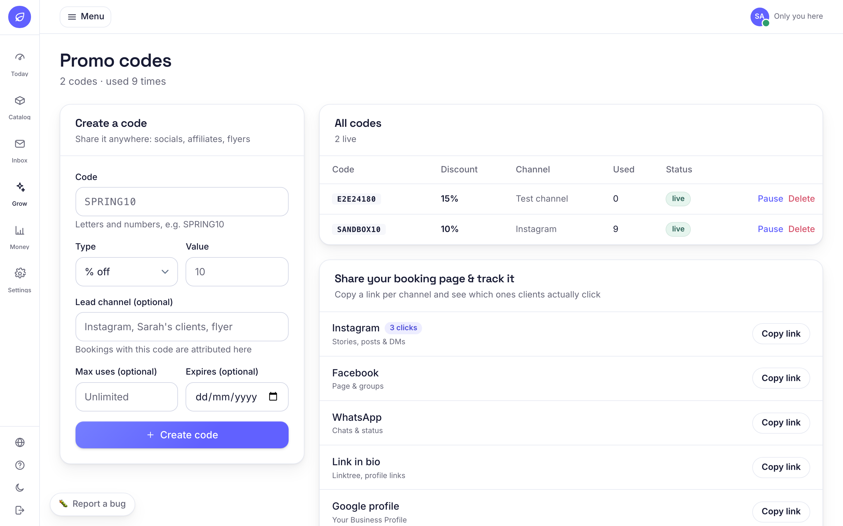 The Promo codes page: a create-a-code form, a table of live codes with their discount, channel and uses, and per-channel share links with click tracking