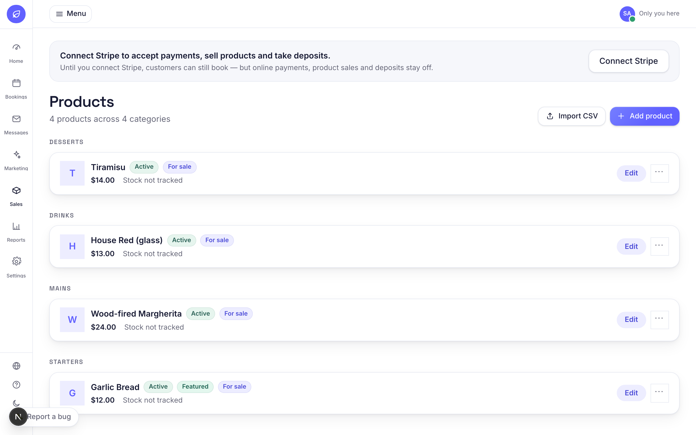 The Products area in the Bookatu dashboard listing items with prices, each marked active or for sale