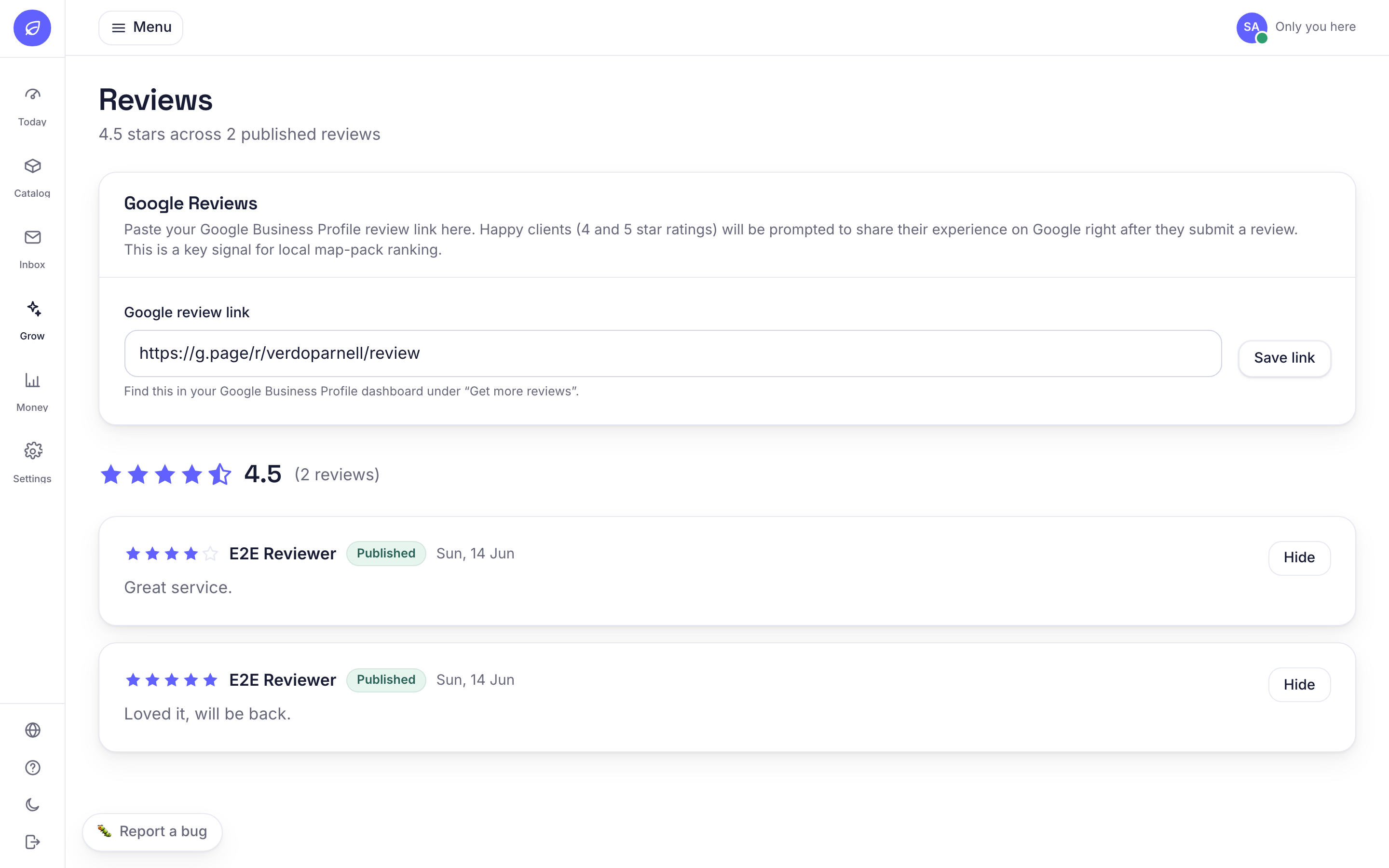 The Reviews page: an average star rating across published reviews, a Google review link field, and each review with a Hide control