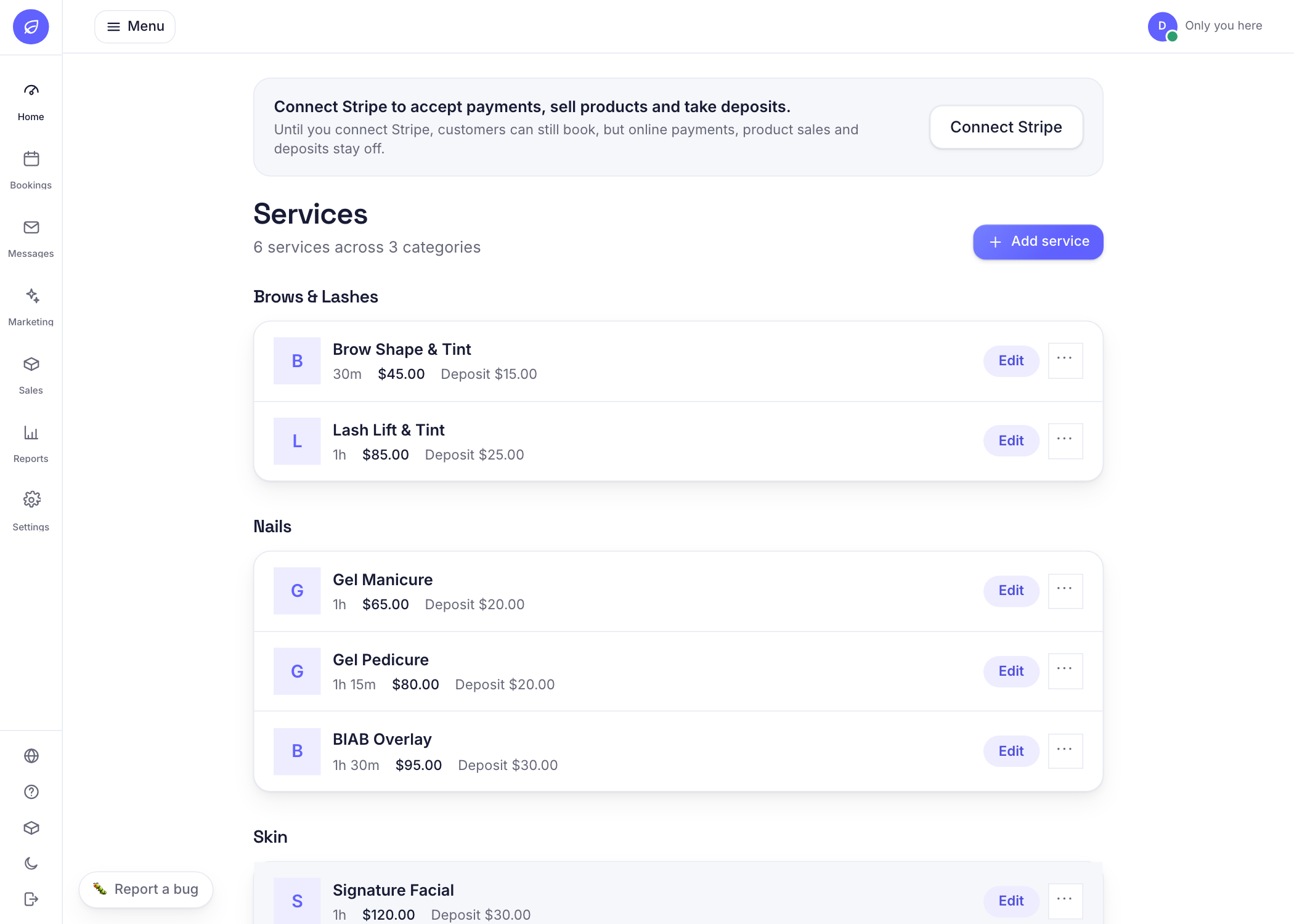 The Services screen with services grouped by category, each showing price, duration and deposit