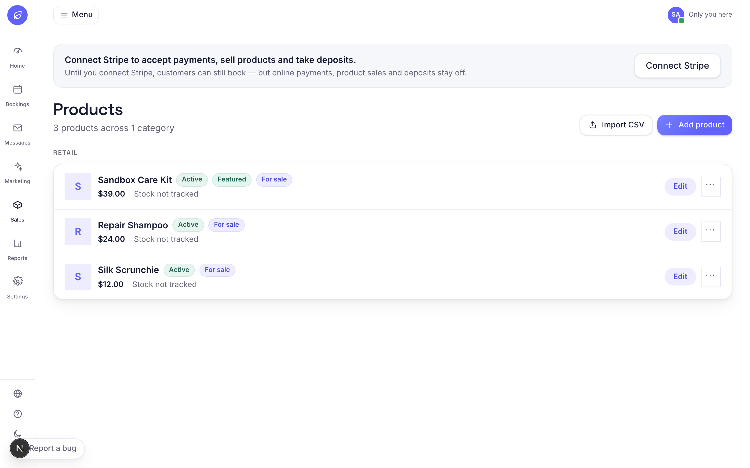 The Products screen listing retail products with prices and status tags