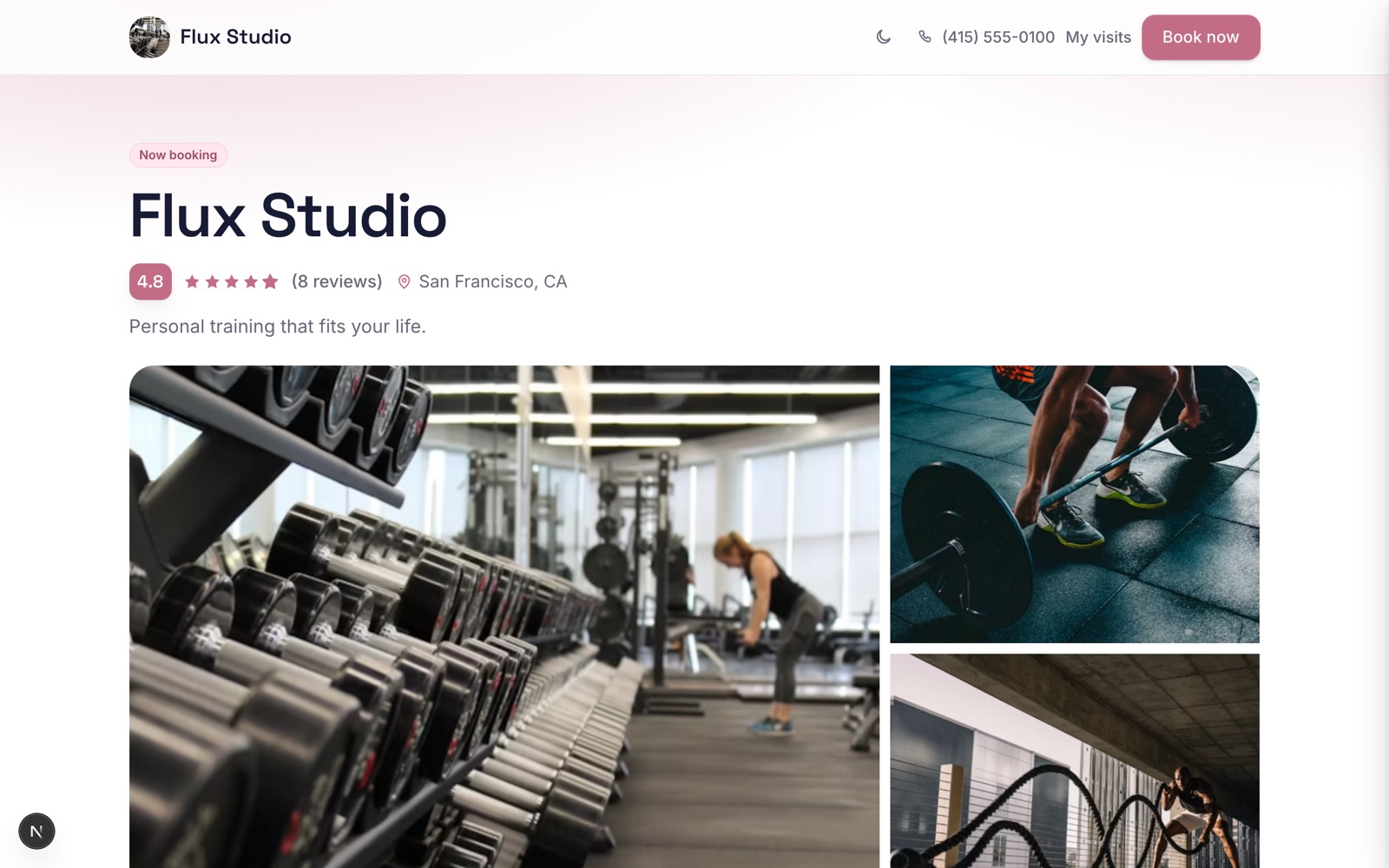 A Bookatu booking page for Flux Studio with photos, reviews and a Book now button