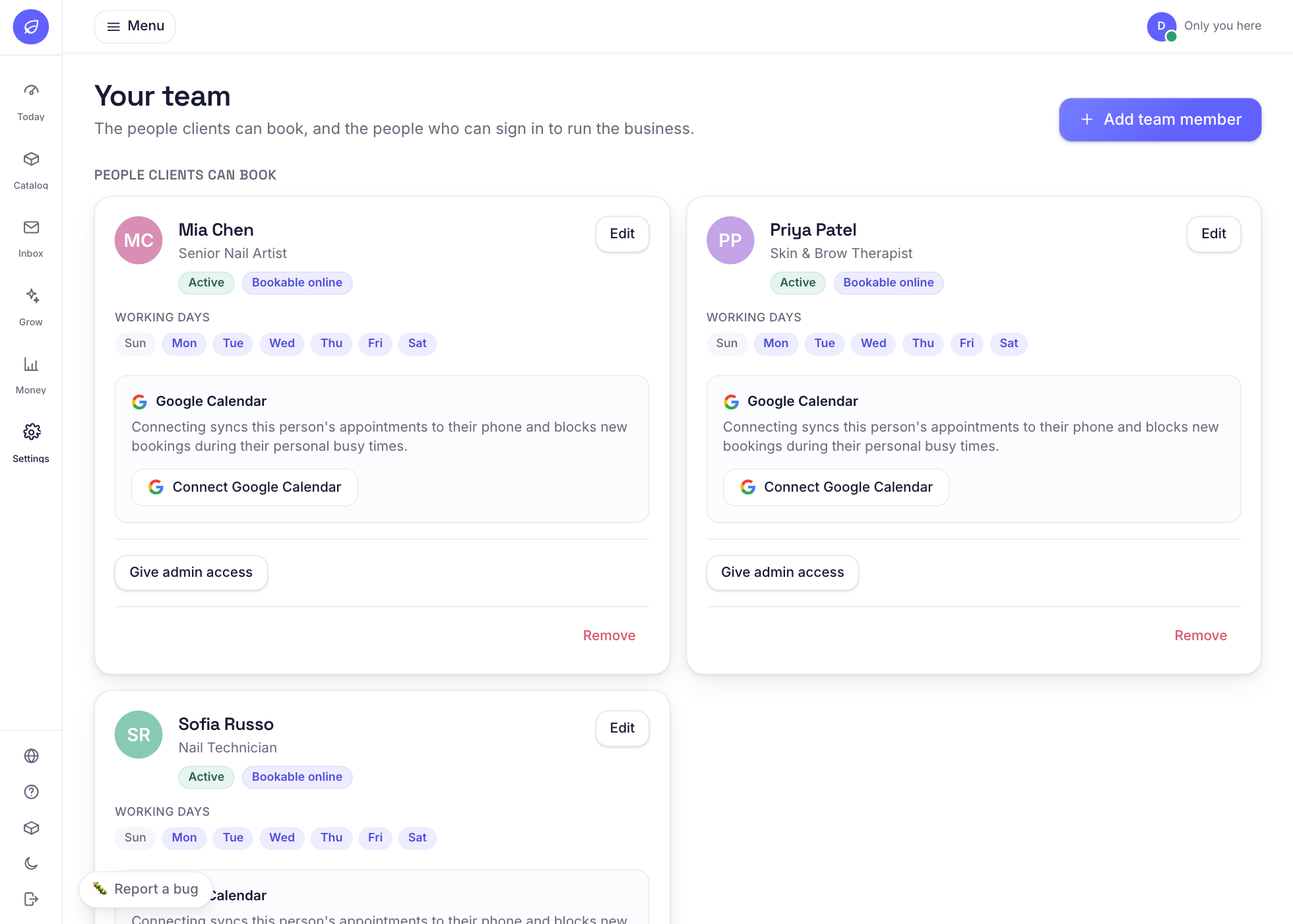 The team screen: staff cards with role, working days, bookable status and Google Calendar connect