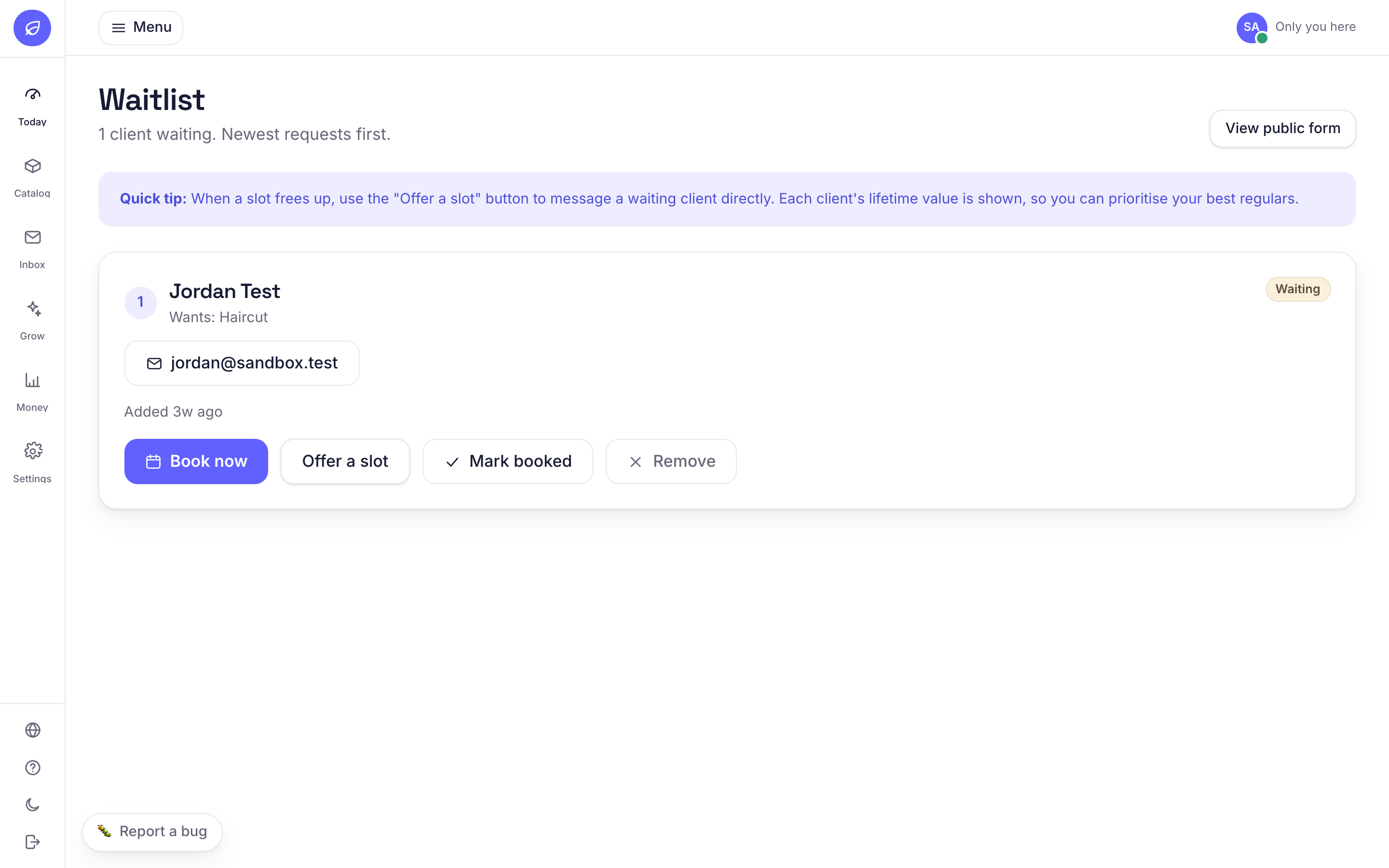 The Waitlist: a waiting client with the service they want, when they joined, and Book now / Offer a slot / Mark booked / Remove actions